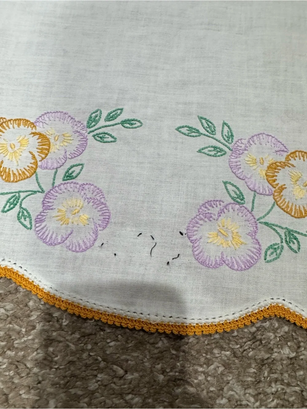 Vintage Embroidered Floral Dresser Scarf Table Runner Crochet Trim 40x17